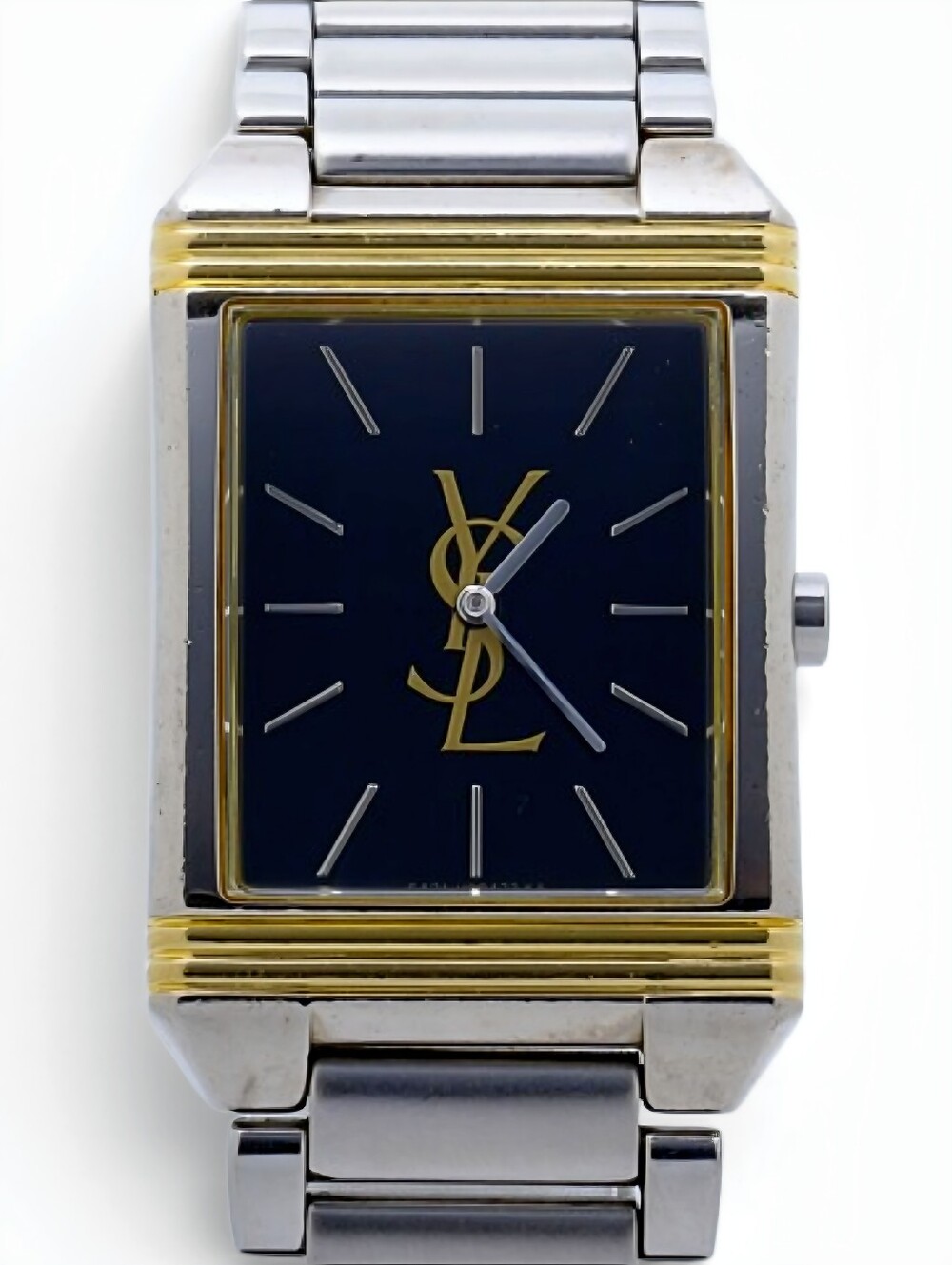 YSL Yves Saint Laurent Two-Tone Silver Gold Rectangular Black Dial Watch Womens
